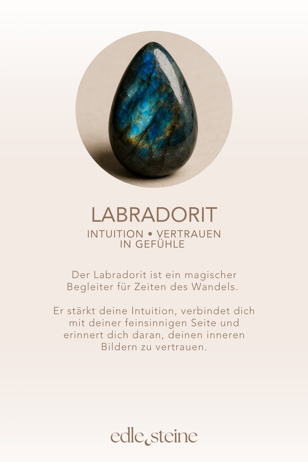 Intuition • Transformation • Vertrauen **Labradorit – Der Edelstein der Visionen und Intuition** Ich gebe meinen Gefühlen den Raum. Jedes Gefühl ist willkommen. Labradorit ist ein magischer Begleiter für Zeiten des Wandels und der inneren Einkehr. Er hilft dir, deine Intuition zu stärken, deiner inneren Stimme zu lauschen und dich mit deiner kreativen, feinsinnigen Seite zu verbinden. Seine schillernden Farben erinnern an das Nordlicht und laden dich ein, hinter die Oberfläche der Dinge zu blicken. In Momenten von Unsicherheit oder emotionaler Verwirrung bringt er Ausgleich und Klarheit. Labradorit fördert Vertrauen in deine eigenen Eingebungen und stärkt die Verbindung zu deinem inneren Wissen. ✨ Themen: **Mental:** Intuition, Medialität, Kreativität, Fantasie, emotionale Erinnerungen, karmische Themen, Transformation, Ruhe, Gefühlsinvestition, Visionen, Vertrauen **Körper:** Selbstheilung, Herz, Nieren, Wetterfühligkeit, Atemwege, Wirbelsäule **Chakra:** Alle Chakren **Planet:** Mond **Element:** Wasser **Sternzeichen:** Widder, Krebs, Schütze, Wassermann, Fische 🗿 Mineralogische & historische Fakten: Labradorit ist ein Feldspat-Mineral (Ca(Al,Si)₂Si₂O₈) und zeigt ein faszinierendes Farbspiel, das als Labradoreszenz bekannt ist. Diese irisierenden Effekte entstehen durch Lichtbrechung an fein geschichteten Kristallbereichen und lassen den Stein je nach Blickwinkel in Blau, Grün oder Gold schimmern. Benannt wurde der Labradorit nach der kanadischen Halbinsel Labrador, wo er 1770 entdeckt wurde. Die Inuit glaubten, dass in ihm das Nordlicht gefangen sei – eine Legende, die seine spirituelle Kraft bis heute prägt. Schon seit Jahrhunderten wird er als Schutzstein geschätzt, dem man nachsagt, negative Energien abzuschirmen und das Tor zu höheren Bewusstseinsebenen zu öffnen. **Reflexionsfrage:** Welche inneren Bilder und Eingebungen helfen mir, meinen Weg zu erkennen? **Affirmation:** Ich gebe meinen Gefühlen den Raum. Jedes Gefühl ist willkommen. **Meditation:** Suche dir einen Ort, an dem du den Nachthimmel sehen kannst – sei es durch ein Fenster, draußen im Freien oder bei einem nächtlichen Spaziergang. Schaue in die Sterne und lass ihren Glanz auf dich wirken. Während du atmest, stelle dir vor, wie ein schimmerndes Licht aus dem Universum auf dich herabströmt und deinen Körper durchdringt. Spüre, wie es deine Intuition klärt und dir neue Einsichten schenkt. Lass dich von den Weiten des Himmels inspirieren und öffne dich für Botschaften, die aus deinem Inneren oder aus der kosmischen Weisheit zu dir kommen.