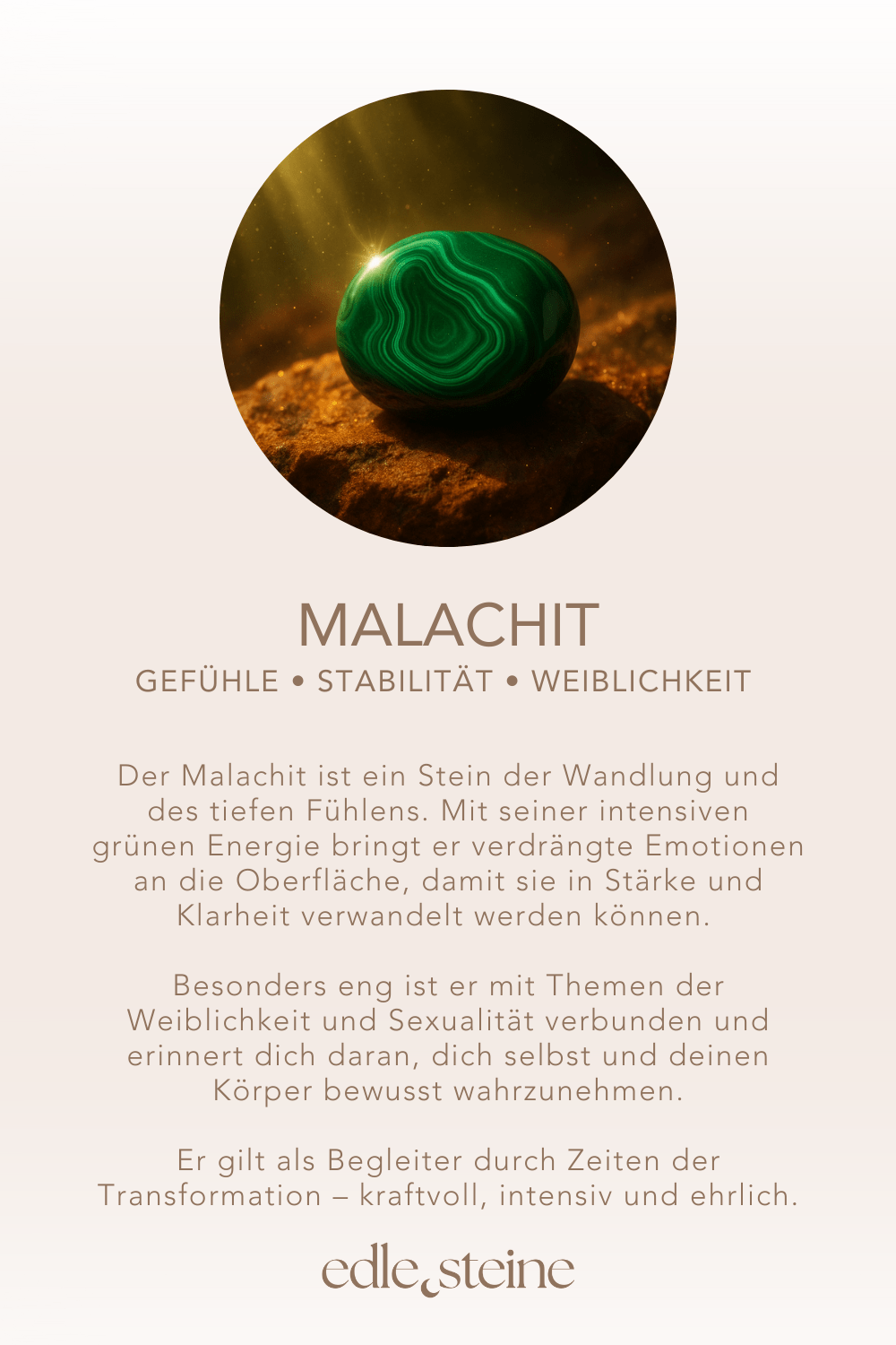 Malachit – Der Edelstein der Gefühle und Transformation 🦚🌿 Ich erlaube mir, tief zu fühlen und mutig zu wachsen. Der Malachit ist ein Stein der Wandlung und des tiefen Fühlens. Mit seiner intensiven grünen Energie bringt er verdrängte Emotionen an die Oberfläche, damit sie in Stärke und Klarheit verwandelt werden können. Besonders eng ist er mit Themen der Weiblichkeit und Sexualität verbunden und erinnert dich daran, dich selbst und deinen Körper bewusst wahrzunehmen. Er gilt als Begleiter durch Zeiten der Transformation – kraftvoll, intensiv und ehrlich. Malachit schenkt dir Stabilität, Selbstverantwortung und die Möglichkeit, deinen Gefühlen Raum zu geben, ohne sie zu fürchten. ✨ Malachit Eigenschaften Mental: Transformation, Stabilität, Weiblichkeit, Entschlossenheit, Selbstwert, Beobachtungsgabe, Direktheit, Emotionen, Selbstverantwortung, Intensität, Verständnis, Harmonie Körper: Menstruation, Sexualität, Geburt, Fruchtbarkeit, Schilddrüse, Augen, Migräne, Ischias Chakra: Herzchakra Planet: Venus Element: – Sternzeichen: Krebs, Skorpion, Steinbock, Waage, Schütze, Stier 🗿 Mineralogische & historische Fakten Malachit ist ein Kupferkarbonat mit leuchtend grüner Farbe und charakteristischer Bänderung. Bereits im alten Ägypten wurde er zu Pulver verarbeitet und als Lidschatten sowie als Schutzstein für Pharaoninnen genutzt. Auch in Griechenland und Rom galt er als Frauenstein, der bei Geburten unterstützend wirken sollte. Heute steht Malachit in der Edelsteinwelt für Wandlung, Gefühlstiefe und die Heilung des Herzraums – ein Stein, der dich ermutigt, dich selbst ehrlich zu fühlen und in deine weibliche Kraft zu treten.
