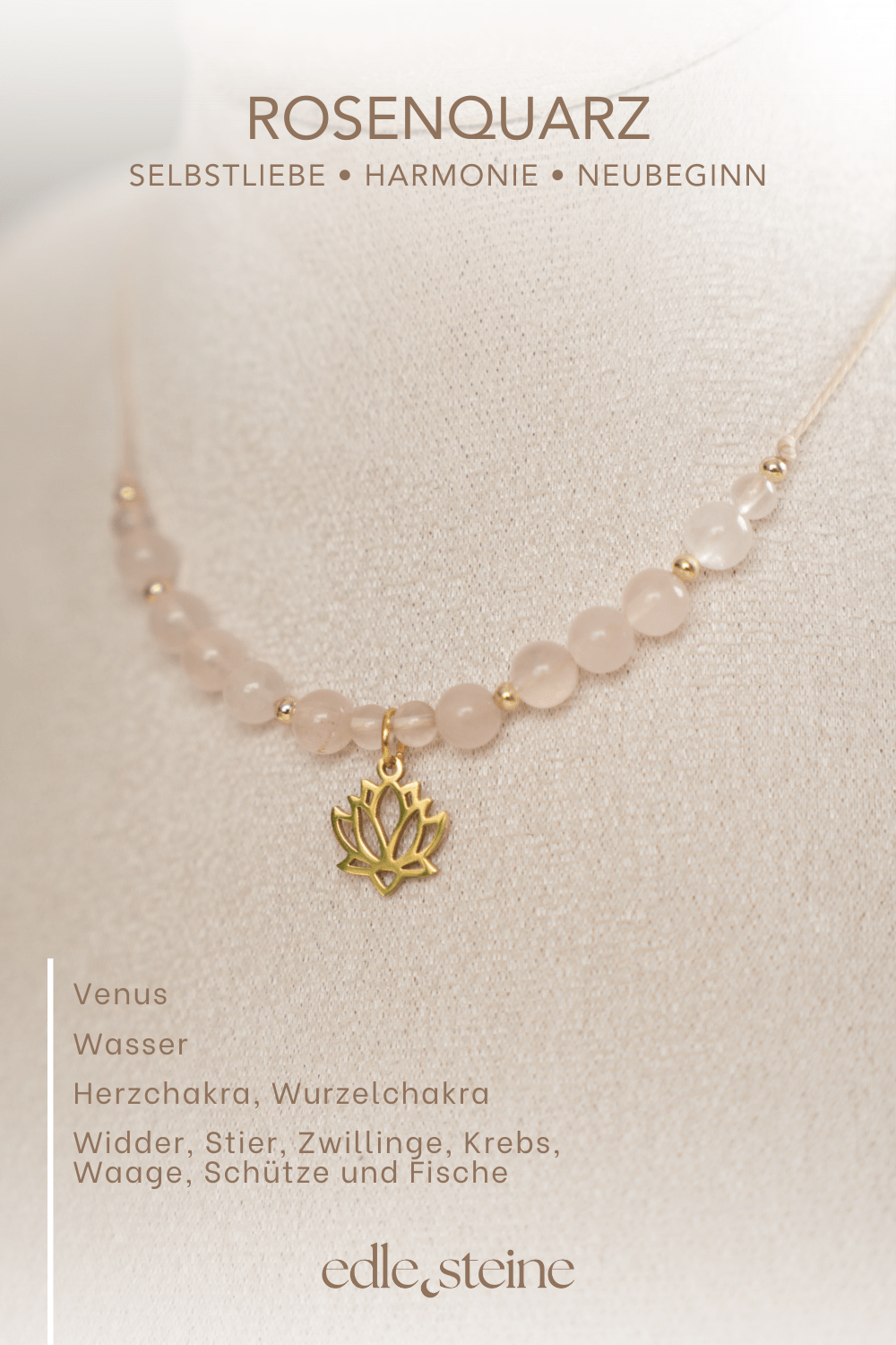 **Rosenquarz – Selbstliebe • Harmonie • Neubeginn** **Rosenquarz – Der Edelstein der Selbstliebe und Sanftheit** Rosenquarz ist ein liebevoller Begleiter, wenn du dich mit deinem Herzen verbinden möchtest. Er hilft dir, deine Bedürfnisse wahrzunehmen und Mitgefühl für dich selbst zu entwickeln. Gerade in emotional herausfordernden Zeiten erinnert er dich daran, dass du es wert bist, geliebt zu werden – auch und vor allem von dir selbst. Seine sanfte Energie öffnet dein Herz für Selbstfürsorge, Verbundenheit und zärtliche Gefühle. Er beruhigt das Nervensystem und unterstützt dich dabei, dich in deinem Körper wohlzufühlen – mit allem, was du bist. **Eigenschaften:** Mental: Liebe, Bedürfnisse erkennen, Trost, Selbstbewusstsein, Empathie, Einfühlungsvermögen, Harmonie, Verzeihung, Sinnlichkeit, Selbstliebe, Loslassen, Neubeginn und innere Ruhe. Körper: Blut, Kreislauf, Schlaf, Fruchtbarkeit, Herz, Kopfschmerzen, Gebärmutter, Hoden, Haut Chakra: Wurzelchakra und Herzchakra Planet: Venus Element: Wasser Sternzeichen: Widder, Stier, Zwillinge, Krebs, Waage, Schütze und Fische **Affirmation:** Ich bin gut, so wie ich bin, und erlaube mir, meine Bedürfnisse liebevoll wahrzunehmen. **Reflexion:** Was brauche ich gerade wirklich – körperlich, emotional oder seelisch? **Ritual:** Zünde eine Kerze an, mach dir einen Tee und kuschel dich ein – nimm dir bewusst Zeit für dich. Halte deinen Rosenquarz in der Hand, lege die andere Hand auf dein Herz und atme tief ein und aus. Frage dich: „Was brauche ich heute wirklich?“ Vielleicht kommen Gefühle, Erinnerungen oder nur Stille. Alles ist willkommen. Denk an etwas, das dir in traurigen Momenten guttut – eine Umarmung, Musik, ein Spaziergang, dein Lieblingsbuch. Verbinde genau dieses Gefühl mit deinem Rosenquarz. Lass ihn bei dir ruhen – auf deinem Herzen oder unter dem Kopfkissen. Er erinnert dich daran, was dir guttut – und dass du dich liebevoll halten darfst. **Mineralogische & historische Fakten:** Rosenquarz ist eine Varietät des Minerals Quarz (SiO₂) und verdankt seine zarte rosa Farbe fein verteilten Spuren von Titan, Mangan oder Eisen. Er ist meist milchig-trüb, manchmal auch leicht durchscheinend. Aufgrund seiner sanften Färbung wird er oft dem Herzen und der inneren Heilung zugeordnet. Bereits in der Antike wurde Rosenquarz als **Stein der Liebe** verehrt – in Ägypten glaubte man, dass er Jugend und Schönheit schenkt. Auch in Griechenland und Rom wurde er als Symbol der Versöhnung und des Vertrauens eingesetzt. Heute ist Rosenquarz weltweit beliebt – sowohl in der Edelsteintherapie als auch als Schmuckstein – und gilt als einer der wichtigsten Begleiter für emotionale Heilung, Selbstannahme und innere Harmonie.