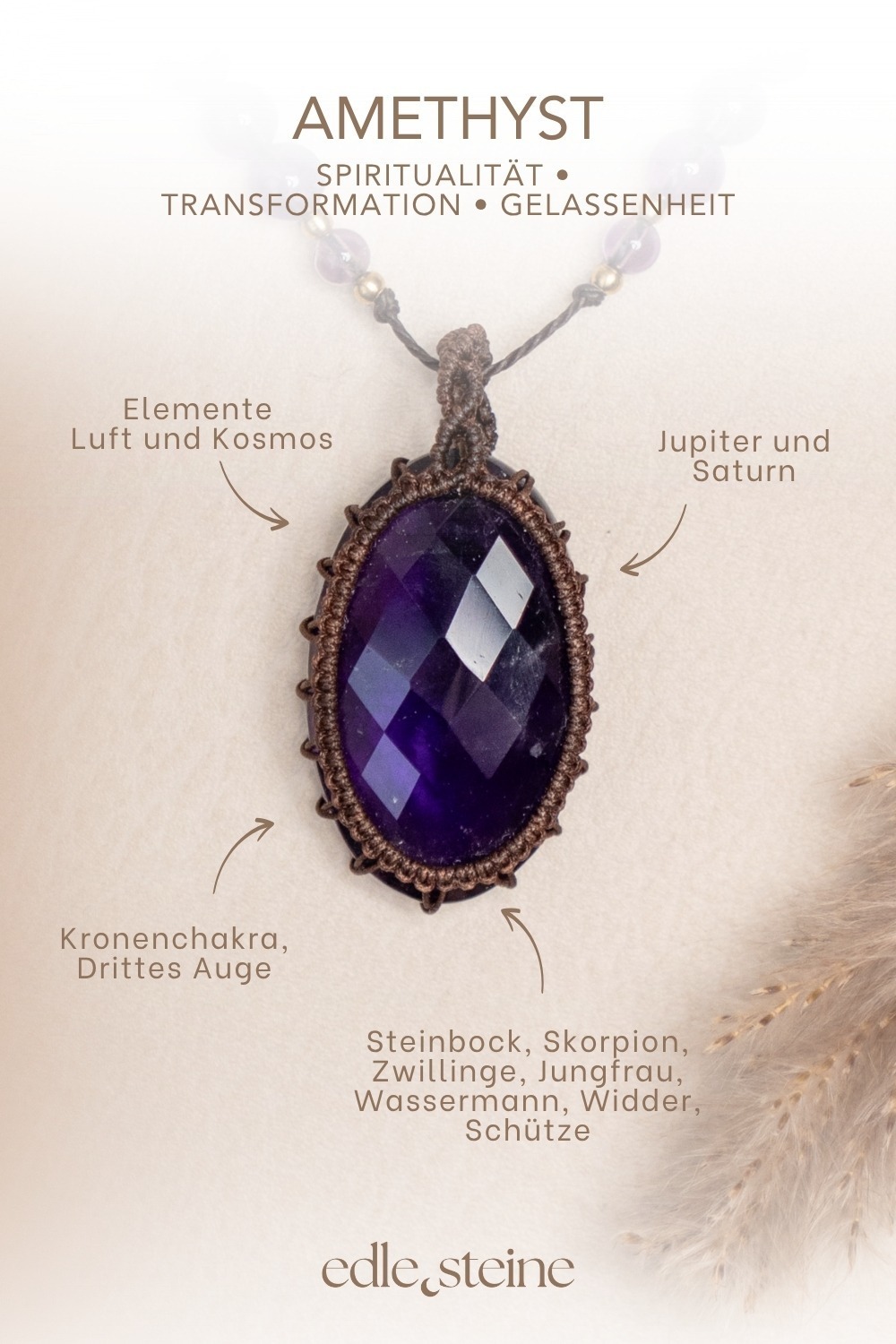 ### **Amethyst – Der Edelstein der Intuition und inneren Wandlung** Spiritualität • Transformation • Gelassenheit ### **🔮🌌** **Ich vertraue meiner inneren Führung und finde Frieden im Wandel.** Der Amethyst ist ein sanfter, doch kraftvoller Begleiter für deinen inneren Weg. Er stärkt deine Intuition und vertieft deine Spiritualität, während er dir hilft, alte Strukturen zu wandeln und innere Balance zu finden. Mit seiner beruhigenden Energie verbindet er Körper und Geist, unterstützt dein persönliches Wachstum und schenkt dir Gelassenheit in herausfordernden Zeiten. Gleichzeitig öffnet er den Zugang zu tieferem Bewusstsein und kann deine Traumdeutung intensivieren – so wird er zu einem Stein, der dich klar und zentriert durchs Leben trägt. ✨ **Themen:** - **Mental:** Intuition, Spiritualität, Transformation, emotionale Balance, Verbindung von Körper & Geist, Wachstum, Gelassenheit, Traumdeutung, Bewusstsein - **Körper:** Kopf, Haut, Atemwege, Schlaf, Stressmanagement, Wohlbefinden - **Chakra:** Kronenchakra, Drittes Auge - **Planet:** Jupiter, Saturn - **Element:** Luft, Kosmos - **Sternzeichen:** Steinbock, Skorpion, Zwillinge, Jungfrau, Wassermann, Widder, Schütze 🗿 **Mineralogische & historische Fakten:** Amethyst ist eine violette Varietät des Quarzes und wurde schon im alten Griechenland als „Nüchternheitsstein“ verehrt. Sein Name leitet sich vom griechischen *amethystos* ab – „dem Rausch entgegenwirkend“. Im Mittelalter galt er als Symbol für Demut, innere Stärke und spirituelle Klarheit. Mönche und Mystiker nutzten ihn zur Meditation, um einen klaren Geist und eine tiefe Verbindung zum Göttlichen zu fördern. Heute ist der Amethyst ein beliebter Begleiter für Menschen, die Achtsamkeit, seelisches Gleichgewicht und eine tiefere Verbindung zur eigenen Intuition suchen. **Reflexionsfrage:** Was darf ich heute loslassen, um meiner inneren Wahrheit näherzukommen? **Affirmation:** Ich vertraue meiner inneren Führung und finde Frieden im Wandel. **Meditation:** Lege den Amethyst auf deine Stirn (Drittes Auge) oder halte ihn in deiner Hand. Schließe die Augen und atme ruhig. Stell dir vor, wie violettes Licht deinen Geist klärt und deine Gedanken sanft zur Ruhe bringt. Erlaube dir, dich mit deiner inneren Weisheit zu verbinden – ruhig, bewusst und ganz bei dir. **SEO-Titel:** Amethyst – Intuition & Transformation | Handgemachter Edelstein Schmuck **Meta-Beschreibung:** Amethyst: Intuition, Transformation & innere Ruhe. Entdecke handgemachten Schmuck mit Amethyst – dein Begleiter für Klarheit, Spiritualität und tiefes Vertrauen.