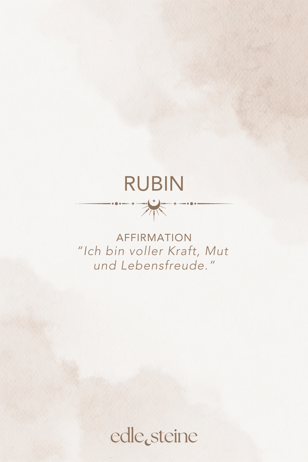 inneres Feuer • Emotionen • Selbstbewusstsein ### **Rubin – Der Edelstein der Leidenschaft und Lebenskraft** ### **🔥☀** **Ich bin voller Kraft, Mut und Lebensfreude.** Der Rubin ist wie ein inneres Feuer – warm, lebendig, kraftvoll. Er erinnert dich daran, dass deine Energie eine Quelle unerschöpflicher Lebenskraft ist. Wenn du neue Stärke brauchst oder dich selbst verwirklichen möchtest, unterstützt dich der Rubin mit Mut, Klarheit und Vitalität. Er bringt dich in Verbindung mit deiner Leidenschaft und deinem innersten Antrieb – und hilft dir, kraftvoll für dich einzustehen. ✨ **Themen:** - **Mental:** Mut, Sinnlichkeit, Sexualität, Emotionen, Stärke, Lebensfreude, Selbstverwirklichung, Lebensenergie, Leidenschaft, Intuition, Schutz - **Körper:** Menstruation, Müdigkeit, Kopfschmerzen, Entgiftung, Ohren, Energie - **Chakra:** Wurzelchakra, Herzchakra - **Planet:** Sonne - **Element:** Feuer - **Sternzeichen:** Krebs, Widder, Löwe, Jungfrau, Skorpion, Schütze 🗿 **Mineralogische & historische Fakten:** Der Rubin gehört zur Korund-Gruppe und verdankt seine rote Farbe dem Element Chrom. Bereits in der Antike galt er als Stein der Könige und wurde als Symbol für Macht, Mut und Liebe verehrt. Der Name stammt vom lateinischen „ruber“ = rot. Rubine waren in vielen Kulturen ein Zeichen für Unbesiegbarkeit – sie sollten vor Krankheit, Unglück und negativen Energien schützen. **Reflexionsfrage:** Wo in meinem Leben darf wieder mehr Feuer und Leidenschaft lodern? **Affirmation:** Ich bin voller Kraft, Mut und Lebensfreude. **Meditation:** Halte den Rubin in der linken Hand oder platziere ihn auf deinem Wurzelchakra. Spüre, wie eine warme, rote Energie deinen Körper durchströmt. Atme tief ein und aus. Stelle dir vor, wie du dich kraftvoll, lebendig und mutig bewegst – voller Lebenslust und Entschlossenheit. Was möchte durch dich in die Welt kommen?