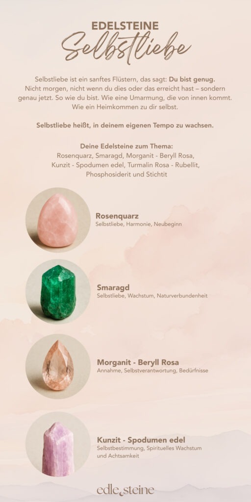 Magisches Stimmungsbild mit vier Edelsteinen: Rosenquarz, Kunzit, Morganit und Smaragd – kraftvolle Begleiter für Selbstliebe, Herzöffnung und innere Heilung.