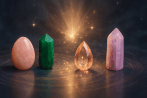 Magisches Stimmungsbild mit vier Edelsteinen: Rosenquarz, Kunzit, Morganit und Smaragd – kraftvolle Begleiter für Selbstliebe, Herzöffnung und innere Heilung.