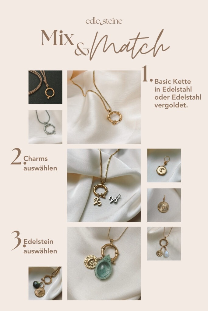 YOUR.line von Edle.Steine vereint alles, was dich ausmacht: Edelsteine, Symbole und Sternzeichen verbinden sich zu deinem persönlichen Schmuckstück. Kombinierbare Ketten und Charms – wandelbar, bedeutungsvoll und so individuell wie du. ✨