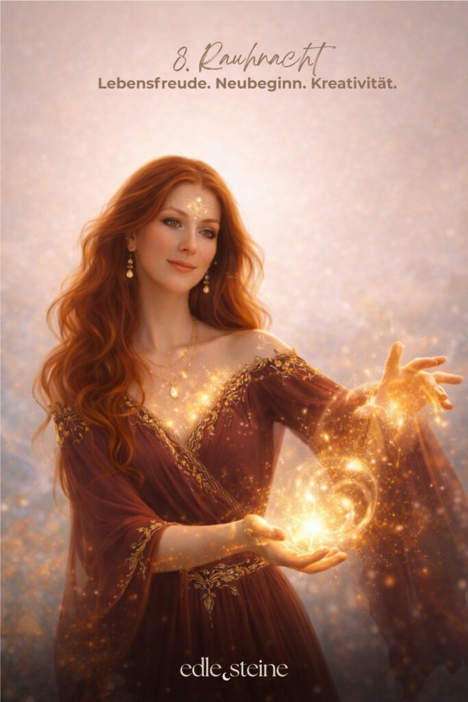 Die 8. Rauhnacht steht für Lebensfreude, Neubeginn und kreative Entfaltung. Sie erinnert dich daran, dass Veränderung nicht immer durch Anstrengung entsteht, sondern oft dort beginnt, wo Leichtigkeit wieder Raum bekommt. In dieser Nacht geht es nicht darum, Ziele festzulegen oder Pläne zu schmieden. Vielmehr lädt sie dich ein, wahrzunehmen, was dich lebendig macht. Was dir Freude schenkt. Was sich leicht anfühlt, ohne Erklärung, ohne Rechtfertigung. Gerade nach Tagen des Rückzugs kann diese Rauhnacht wie ein leiser Wendepunkt wirken. Gleichzeitig ist sie eine Einladung, dich wieder dem Leben zuzuwenden – neugierig, offen und im eigenen Tempo. Neubeginn entsteht hier nicht aus Druck, sondern aus innerer Bewegung. Der Archetyp dieser Nacht ist die Künstlerin. Sie gibt dem Inneren eine Form. Nicht, um zu gefallen, sondern um wahr zu sein. In Farben, Worten, Bewegungen oder Gedanken übersetzt sie Gefühle und Sehnsüchte in Ausdruck. Dabei zeigt sie, dass Kreativität nichts mit Leistung zu tun hat, sondern mit Echtheit. Passend dazu begleiten dich in der 8. Rauhnacht zwei Edelsteine: Der Sonnenstein steht für Lebensfreude, inneres Strahlen und Vertrauen in die eigene Lebendigkeit. Er erinnert daran, dass Freude kein fernes Ziel ist, sondern ein Zustand, der entstehen darf – leise, warm und aus dem Inneren heraus. Der Türkis ergänzt diese Energie, indem er Ausdruck und Kreativität stärkt. Er unterstützt dich dabei, das nach außen zu bringen, was in dir lebendig ist – frei, intuitiv und ohne dich zu verbiegen. So entsteht kreativer Fluss, der nährt statt fordert. Die 8. Rauhnacht möchte nichts von dir. Sie lädt dich ein, dich zu freuen. Auf das, was kommt. Auf das, was wachsen will. Auf das, was sich neu zeigen darf. Vielleicht spürst du in dieser Nacht: Ich darf dem Leben wieder ein Stück entgegengehen.
