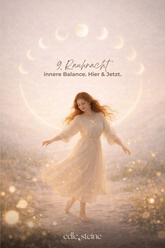 Die 9. Rauhnacht führt dich bewusst ins Hier und Jetzt. Sie lädt dich ein, den Moment nicht zu bewerten, sondern ihn wahrzunehmen – so, wie er gerade ist. In dieser Nacht geht es weder um gestern noch um morgen. Stattdessen richtet sich der Blick nach innen. Dabei entsteht Raum für Achtsamkeit und innere Balance. Es reicht, jetzt da zu sein. Ohne etwas verändern zu müssen. Ohne Erwartungen. Gerade in einer Zeit, in der vieles im Wandel ist, erinnert diese Rauhnacht daran, dass Stabilität nicht im Außen entsteht. Vielmehr zeigt sie, wie kraftvoll es sein kann, bei sich zu bleiben und den eigenen Rhythmus zu achten. Präsenz wird hier zur stillen Stärke. Der Archetyp dieser Nacht ist die Hüterin der Jugend. Sie bewahrt nicht das Alter, sondern den lebendigen Blick auf das Leben. Ihre Kraft liegt in Neugier, Leichtigkeit und Vertrauen in den natürlichen Wandel. So steht sie für Erneuerung, Wachstum und das bewusste Erleben des Augenblicks. Begleitet wird die 9. Rauhnacht von zwei Edelsteinen, die diese Qualität unterstützen. Der Amazonit wirkt ausgleichend und beruhigend. Er hilft dabei, in der eigenen Mitte zu bleiben – auch dann, wenn viele Eindrücke auf dich einwirken. Dadurch entsteht innere Ruhe, die nicht erzwungen werden muss, sondern sich sanft einstellt. Der Fluorit ergänzt diese Energie mit Klarheit und geistiger Beweglichkeit. Er unterstützt einen wachen Geist, fördert Ordnung im Denken und lädt dazu ein, offen und flexibel zu bleiben. Gleichzeitig erinnert er daran, dass Jugend eine innere Qualität ist – geprägt von Lernfreude, Neugier und Leichtigkeit. Letztlich lädt die 9. Rauhnacht dazu ein, Balance nicht zu suchen, sondern zuzulassen. Sie entsteht dort, wo du präsent bist. Wo du dich selbst wahrnimmst. Wo du dem Moment vertraust. Vielleicht spürst du in dieser Nacht: Ich bin im Gleichgewicht – genau so, wie es jetzt ist.