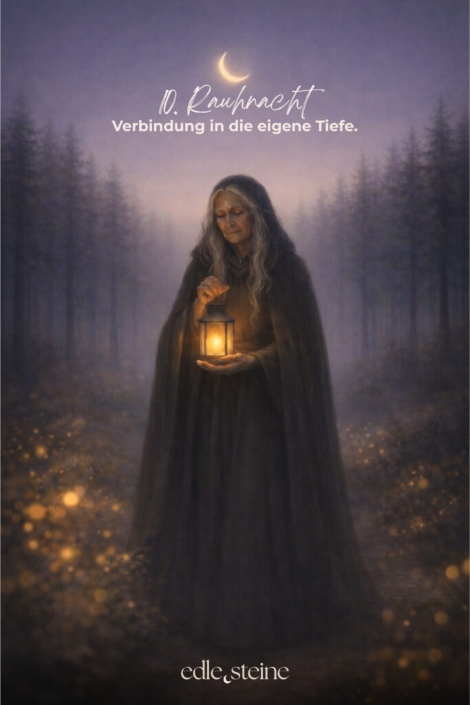 10. Rauhnacht – Verbindung in die eigene Tiefe Die zehnte Rauhnacht führt nach innen. Nicht an die Oberfläche, nicht in Erklärungen, sondern dorthin, wo Ehrlichkeit entsteht. Dort, wo nichts beschönigt werden muss und kein Licht künstlich gemacht wird. In dieser Nacht geht es nicht darum, Antworten zu finden. Vielmehr lädt sie dich ein, präsent zu bleiben. Still. Wach. Offen. Unter der Oberfläche zeigt sich oft mehr Wahrheit als in allem, was wir nach außen tragen. Gerade jetzt darfst du dir erlauben, tiefer zu fühlen. Ohne Druck. Ohne Ziel. Vielleicht nicht alles auf einmal. Doch mit der Bereitschaft, dich dir selbst zuzuwenden. So entsteht Verbindung – nicht durch Tun, sondern durch Dasein. Die Alte Weise begleitet diese Rauhnacht als Archetyp. Sie weiß, dass Tiefe nichts Bedrohliches ist. Ihre Stärke liegt darin, Zusammenhänge zu erkennen und Gegensätze zu halten. Licht und Schatten dürfen nebeneinander existieren. Dadurch entsteht innere Reife, nicht durch Verdrängung, sondern durch Verständnis. Der Obsidian wirkt in dieser Nacht wie ein stiller Spiegel. Er lädt dazu ein, ehrlich hinzuschauen und dabei geerdet zu bleiben. Seine Energie unterstützt dich darin, auch unbequeme Wahrheiten wahrzunehmen, ohne den Kontakt zu dir selbst zu verlieren. So kann Stabilität entstehen – ruhig, klar und getragen von innerer Präsenz. Begleitend wirkt der schwarze Turmalin als schützender Anker. Gerade während intensiver innerer Prozesse hilft er, bei dir zu bleiben und dich abzugrenzen. Gleichzeitig unterstützt er dabei, wieder in den Körper zurückzukehren und Halt zu finden, wenn Gedanken oder Gefühle tiefer gehen. Zusammen erinnern diese Edelsteine daran, dass Tiefe nichts ist, das überwunden werden muss. Sie ist ein Raum, in dem du dir selbst begegnest. Ohne Bewertung. Ohne Eile. Und mit der Gewissheit, dass alles, was gesehen wird, auch gehalten werden kann. Die zehnte Rauhnacht lädt dich ein, deine inneren Schichten liebevoll anzunehmen. Vielleicht nicht heute vollständig. Doch bewusst. Schritt für Schritt. In deinem Tempo.