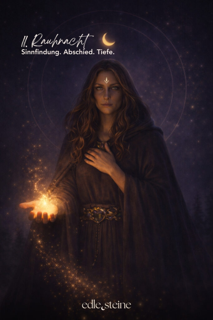 11. Rauhnacht – Sinnfindung, Abschied und innere Tiefe Die elfte Rauhnacht steht im Zeichen des Abschieds. Sie lädt dich ein, innezuhalten und zurückzublicken – nicht, um zu bewerten, sondern um zu würdigen. Was war, darf gesehen werden. Was dich geprägt hat, darf anerkannt werden. Und was nicht mehr zu dir gehört, darf langsam gehen. In dieser Nacht geht es weniger um Antworten als um Verständnis. Um das stille Erkennen dessen, was du gelernt hast. Oft zeigt sich Sinn nicht im Moment selbst, sondern erst im Rückblick. Genau hier öffnet sich ein Raum für Tiefe und Bewusstsein. Die Magierin begleitet diese Rauhnacht als Archetyp. Sie erkennt Zusammenhänge, wo andere nur Einzelteile sehen. Ihre Kraft liegt in der Fähigkeit, Altes zu wandeln und Übergänge bewusst zu gestalten. Abschied bedeutet für sie keinen Verlust, sondern Transformation. Aus Erfahrung wird Erkenntnis. Aus Ende wird Anfang. Der Labradorit unterstützt diesen Prozess, indem er den Blick nach innen lenkt. Er lädt dazu ein, die eigenen Erfahrungen ehrlich zu reflektieren und den leisen inneren Bildern Raum zu geben. Oft zeigen sie ihre Bedeutung erst mit Abstand. Seine Energie verbindet Gefühl und Erkenntnis und hilft, innere Einsichten sanft ins Bewusstsein zu holen. Begleitend wirkt der Sodalith, der Klarheit und innere Wahrheit fördert. Er unterstützt dabei, Gedanken und Gefühle in Einklang zu bringen und Zusammenhänge klarer zu erkennen. Gerade beim Abschied hilft er, ehrlich hinzusehen – ohne zu beschönigen, aber auch ohne zu verurteilen. Zusammen erinnern diese Edelsteine daran, dass Sinnfindung kein lauter Prozess ist. Sie geschieht leise. In Momenten des Annehmens. In der Bereitschaft, Vergangenes nicht festzuhalten, sondern in Weisheit zu verwandeln. Die elfte Rauhnacht lädt dich ein, bewusst Abschied zu nehmen. Von dem, was war. Und zugleich das mitzunehmen, was dich gestärkt hat. So entsteht Raum für das Neue – getragen von innerer Klarheit und Vertrauen.