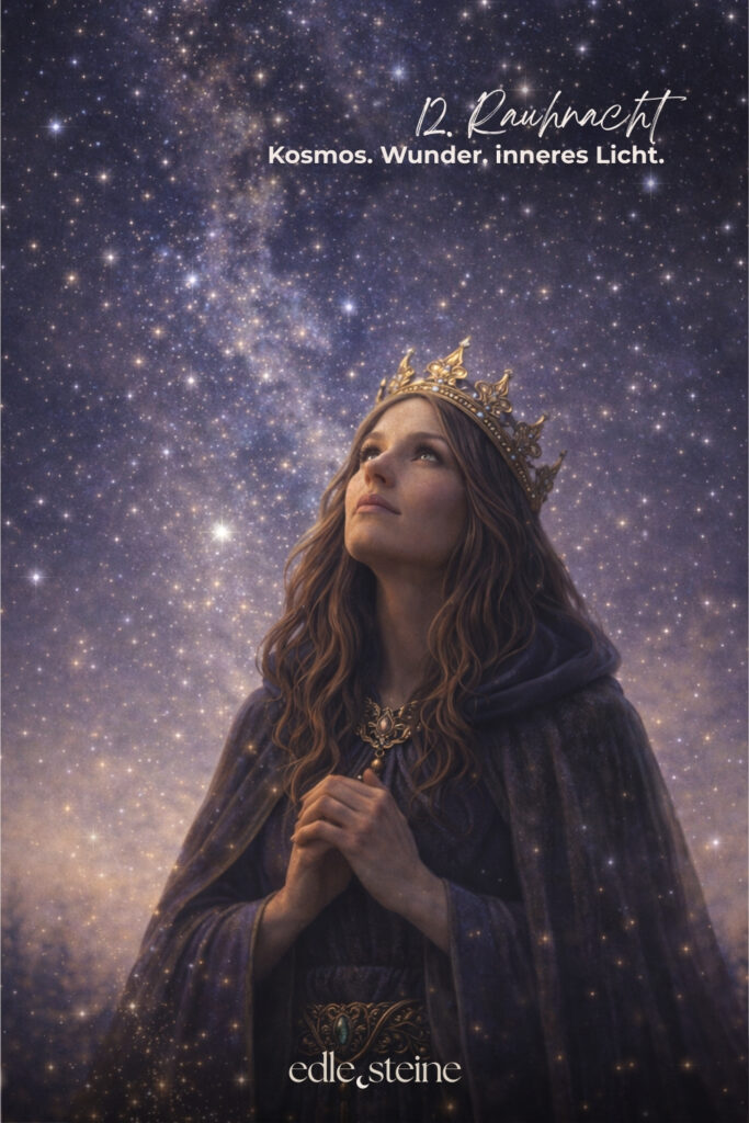 12. Rauhnacht – Kosmos, Wunder & inneres Licht Die zwölfte Rauhnacht fühlt sich an wie ein stiller Höhepunkt. Kein Tun. Kein Wollen. Nur Sein. Sie markiert den Übergang zwischen Ende und Anfang. Zwischen dem, was war, und dem, was sich leise formt. In dieser Nacht geht es nicht darum, noch etwas zu klären oder festzulegen. Vielmehr lädt sie dich ein, dich dem größeren Ganzen anzuvertrauen – dem Rhythmus des Lebens, der dich getragen hat. Ein Moment zwischen Himmel und Erde In dieser letzten Rauhnacht darf alles weich werden. Gedanken dürfen ruhen. Erwartungen dürfen sich lösen. Stattdessen entsteht Raum für Staunen – darüber, dass du Teil von etwas Größerem bist, auch dann, wenn du es nicht benennen kannst. Vielleicht spürst du Dankbarkeit. Vielleicht Stille. Vielleicht einfach ein feines inneres Leuchten. Alles davon ist richtig. ⸻ Die Königin – Archetyp der 12. Rauhnacht Die Königin kennt ihren Wert. Sie muss ihn nicht beweisen und nicht verteidigen. Ihre Kraft liegt in Klarheit, Würde und innerer Autorität. Sie übernimmt Verantwortung für ihr Leben – nicht aus Pflicht, sondern aus Selbstvertrauen. Die Königin herrscht nicht über andere. Sie steht fest in sich selbst. Diese Rauhnacht erinnert dich daran, dass wahre Führung immer im Inneren beginnt. Essenz der Königin: Selbstermächtigung, Klarheit, Würde, Verantwortung, Selbstbewusstsein, kosmische Verbindung, innere Autorität, Einheitsbewusstsein. ⸻ Edelstein-Impulse der 12. Rauhnacht Amethyst – Innere Weite & Stille Der Amethyst begleitet diese Nacht mit Ruhe und Klarheit. Er öffnet einen stillen Raum jenseits des Denkens – für Vertrauen, Hingabe und ein tieferes Bewusstsein. Seine Energie wirkt klärend und zugleich sanft. Amethyst erinnert daran, dass Wachstum nicht immer Aktivität braucht. Manchmal genügt es, still zu werden und zu lauschen. ✨ Ein Edelstein für Rückzug, Vertrauen und innere Sammlung. ⸻ Bergkristall – Lichtbringer & Verbindung zum Kosmos Der Bergkristall steht in dieser letzten Rauhnacht für Klarheit und Weite. Er hilft, den Blick auf das Wesentliche zu richten und innere Prozesse zu ordnen. Besonders dann, wenn vieles zusammenkommt, wirkt er wie ein ruhiger Fokuspunkt. Seine klare Energie unterstützt dich dabei, dein inneres Licht wahrzunehmen – jenes Licht, das dich durch alle Phasen getragen hat. ✨ Ein Edelstein für Bewusstsein, Ausrichtung und Verbundenheit. ⸻ Impulse zur 12. Rauhnacht • Was nehme ich aus den Rauhnächten mit? • Was darf im neuen Jahr leuchten? • Welche Samen habe ich bereits gesät? Du musst diese Fragen nicht beantworten. Es reicht, sie wirken zu lassen. ⸻ Abschluss der Rauhnächte Mit der zwölften Rauhnacht schließt sich der Kreis. Nicht laut. Nicht dramatisch. Sondern still, klar und würdevoll. Dein inneres Licht war immer da. Jetzt darfst du ihm vertrauen. ✨🌙 Edle.Steine