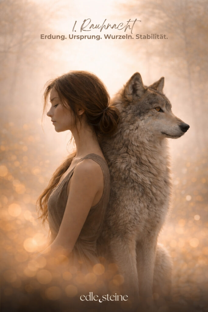 Die 1. Rauhnacht – Erdung und Rückkehr zu dir Die erste Rauhnacht markiert keinen Neuanfang im klassischen Sinn. Sie fühlt sich eher an wie ein leiser Schritt zurück. Zurück ins eigene Sein, zurück in den Körper, zurück zu dem, was dich trägt. Diese Nacht steht für Erdung, Ursprung und Stabilität. Sie lädt dich ein, langsamer zu werden und dich nicht im Tun zu verlieren. Nicht alles muss jetzt geklärt oder verändert werden. Oft reicht es, still zu werden und wahrzunehmen, was da ist. Der Archetyp dieser Rauhnacht ist die Wolfsfrau. Sie erinnert an den Teil in dir, der spürt, bevor er denkt. Der seinem inneren Rhythmus folgt und sich nicht zähmen lässt. Ihre Kraft liegt im Vertrauen in den eigenen Körper, in klare Grenzen und in der tiefen Verbindung zur Natur. Die Wolfsfrau weiß, wer sie ist – auch ohne Bestätigung von außen. Begleitet wird diese Nacht von den Edelsteinen Granat und Smaragd. Granat steht für innere Stabilität und Standfestigkeit. Er erinnert daran, bei sich zu bleiben, auch wenn es im Außen wackelt. Smaragd öffnet den Blick für das Wesentliche und bringt dich zurück in die Ruhe der Natur. Gemeinsam unterstützen sie dich dabei, dich verwurzelt und verbunden zu fühlen. Die erste Rauhnacht darf sanft sein. Ohne Druck. Ohne festes Ritual. Vielleicht nur mit einem bewussten Atemzug und der Frage: Was gibt mir Halt?