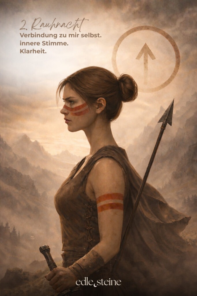 Die 2. Rauhnacht – Deiner inneren Stimme Raum geben Die zweite Rauhnacht trägt eine stille, klare Qualität. Sie fühlt sich weniger erdend an als die erste, dafür wacher. Wie ein inneres Aufrichten. Ein Moment, in dem der Blick sich nach innen richtet und feiner wird. Diese Rauhnacht lädt dich ein, deiner eigenen Stimme wieder Raum zu geben. Nicht der lauten, erklärenden Stimme. Sondern der leisen, ehrlichen. Der, die oft überhört wird, wenn Erwartungen, Meinungen oder äußere Anforderungen zu laut werden. Hier musst du nichts entscheiden und nichts beweisen. Es geht nicht darum, Antworten zu finden oder Pläne zu schmieden. Es reicht, wahrzunehmen, was in dir aufsteigt, wenn es stiller wird. Welche Gedanken klarer werden. Welche Gefühle bleiben, wenn du niemandem etwas erklären musst. Der Archetyp dieser Rauhnacht ist die Kriegerin. Nicht als Kämpferin im Außen, sondern als Hüterin der eigenen Grenzen. Ihre Stärke liegt in Selbstachtung, Klarheit und innerer Ausrichtung. Sie weiß, wofür sie steht, und ebenso, wovon sie sich abwendet. Mut zeigt sich hier nicht durch Lautstärke, sondern durch Wahrhaftigkeit. Begleitet wird die zweite Rauhnacht von Rubin und Saphir. Der Rubin stärkt die innere Kraft und erinnert dich daran, für dich einzustehen – ruhig, aus deiner Mitte heraus. Er unterstützt dich dabei, Grenzen zu setzen, ohne hart zu werden. Der Saphir bringt Klarheit und Ordnung in die Gedanken. Er hilft, zwischen innerer Wahrheit und äußeren Erwartungen zu unterscheiden und den eigenen Weg klarer zu erkennen. Vielleicht zeigt sich in dieser Nacht noch kein ganzer Plan. Aber ein Gefühl von Richtung. Ein inneres Ja oder ein klares Nein. Und manchmal ist genau das genug. Ein leiser Moment, in dem du spürst: Ich darf meinen eigenen Weg wählen.