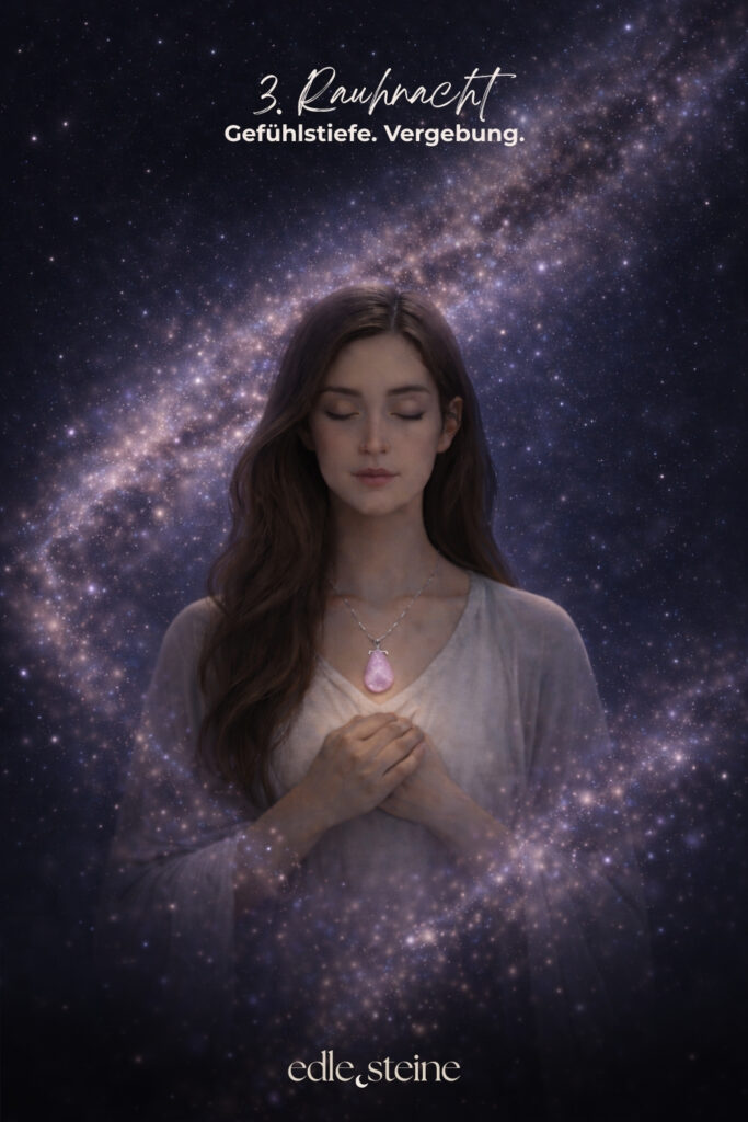 Die 3. Rauhnacht – Raum für Gefühle und Vergebung Die dritte Rauhnacht führt dich tiefer. Weg vom Denken, hinein ins Fühlen. Sie öffnet einen Raum, in dem Emotionen da sein dürfen – auch jene, die lange keinen Platz hatten. Ohne Bewertung. Ohne Eile. Ohne den Wunsch, etwas sofort verändern zu müssen. Diese Rauhnacht erinnert daran, dass Gefühle nicht gelöst werden müssen, um gültig zu sein. Sie wollen gesehen werden. Gehört werden. Angenommen. Manches zeigt sich leise, anderes intensiver. Alles darf seinen eigenen Rhythmus haben. Der Archetyp dieser Nacht ist die Priesterin. Sie lebt zwischen den Welten und hört, wo andere sprechen. Ihre Weisheit liegt nicht im Wissen, sondern im Lauschen. Sie erinnert uns daran, dass Spiritualität nichts Abgehobenes ist, sondern im Alltag beginnt – im bewussten Atemzug, im ehrlichen Innehalten, im respektvollen Umgang mit dem eigenen Inneren. Begleitet wird die dritte Rauhnacht von Rosenquarz und Rhodonit. Der Rosenquarz öffnet das Herz für Selbstliebe, Mitgefühl und Harmonie. Er lädt dazu ein, weich zu werden und sich selbst mit mehr Freundlichkeit zu begegnen. Gerade dann, wenn Gefühle schmerzen oder verunsichern, erinnert er daran, dass du es wert bist, liebevoll behandelt zu werden – auch von dir selbst. Der Rhodonit begleitet Prozesse der Vergebung auf eine geerdete, ehrliche Weise. Er hilft, alte Verletzungen wahrzunehmen, ohne sich in ihnen zu verlieren. Seine Kraft liegt darin, das Herz zu entlasten und festgehaltene Emotionen langsam zu lösen – nicht als Pflicht, sondern als sanfter Schritt zurück in innere Ruhe und Selbstachtung. In dieser Rauhnacht geht es nicht darum, alles zu vergeben oder loszulassen. Es reicht, ehrlich zu fühlen, was sich zeigt. Vielleicht entsteht daraus ein leises Verständnis. Oder einfach mehr Weichheit. Ein Moment, in dem du erkennst: Meine Gefühle sind ein Teil von mir. Und ich darf ihnen Raum geben.
