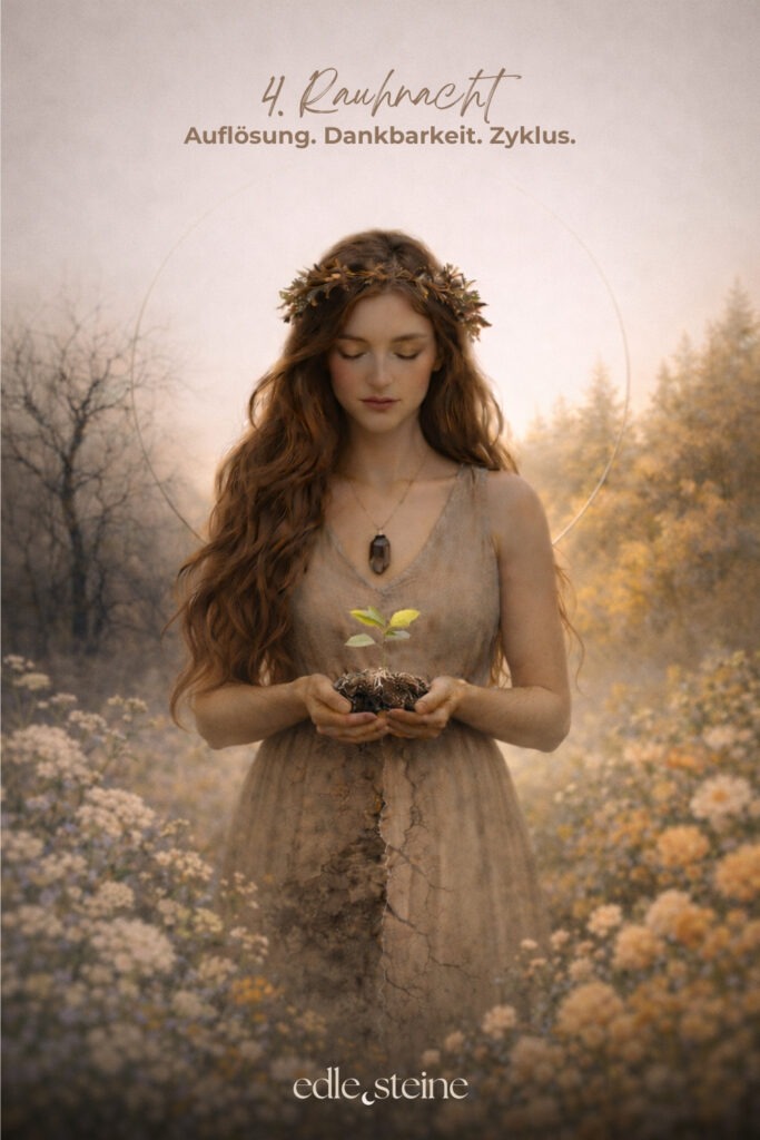Die 4. Rauhnacht – Loslassen im Rhythmus des Lebens Die vierte Rauhnacht trägt eine stille, mütterliche Qualität. Sie lädt nicht zum Handeln ein, sondern zum Anerkennen. Zum Zurückblicken und zum sanften Abschiednehmen von dem, was war. In dieser Rauhnacht geht es um Auflösung. Dabei nicht als Verlust, sondern als natürlichen Teil des Zyklus. Alles, was gelebt wurde, darf gewürdigt werden. Gleichzeitig darf sich lösen, was seinen Platz bereits erfüllt hat. Loslassen geschieht hier nicht im Tun, sondern im inneren Anerkennen dessen, was war. So entsteht Raum für Dankbarkeit – auch für Erfahrungen, die nicht leicht waren, aber getragen haben. Der Archetyp dieser Nacht ist die Ur-Mutter. Sie ist das Leben selbst. Sie nährt, hält und schützt – und lässt gehen, wenn die Zeit reif ist. Gerade darin liegt ihre Stärke: in der bedingungslosen Annahme ebenso wie in der Fähigkeit, nicht festzuhalten. Begleitet wird die vierte Rauhnacht von Rauchquarz und Chrysokoll. Der Rauchquarz unterstützt dabei, Schwere aus Gedanken und Gefühlen abzuleiten. Dadurch hilft er, Belastendes nicht festzuhalten, sondern Schritt für Schritt gehen zu lassen. Seine Kraft liegt in der stillen Klärung – ruhig, geerdet und ohne Druck. Der Chrysokoll macht bewusst, wo du noch festhältst – und wo es Zeit ist, weicher zu werden. Gleichzeitig begleitet er Prozesse des inneren Lösens mit Sanftheit und Geduld. Seine Stärke liegt darin, Gegensätze auszuhalten: zwischen Bleiben und Gehen, zwischen Dankbarkeit und Abschied. So entsteht Raum für Erleichterung und innere Weite. Diese Rauhnacht lädt dich ein, dankbar zurückzublicken – ohne etwas zu beschönigen oder festzuhalten. Ein Moment, in dem du spürst: Ich darf gehen lassen, was mich nicht mehr trägt. Und zugleich bewahren, was mich genährt hat.