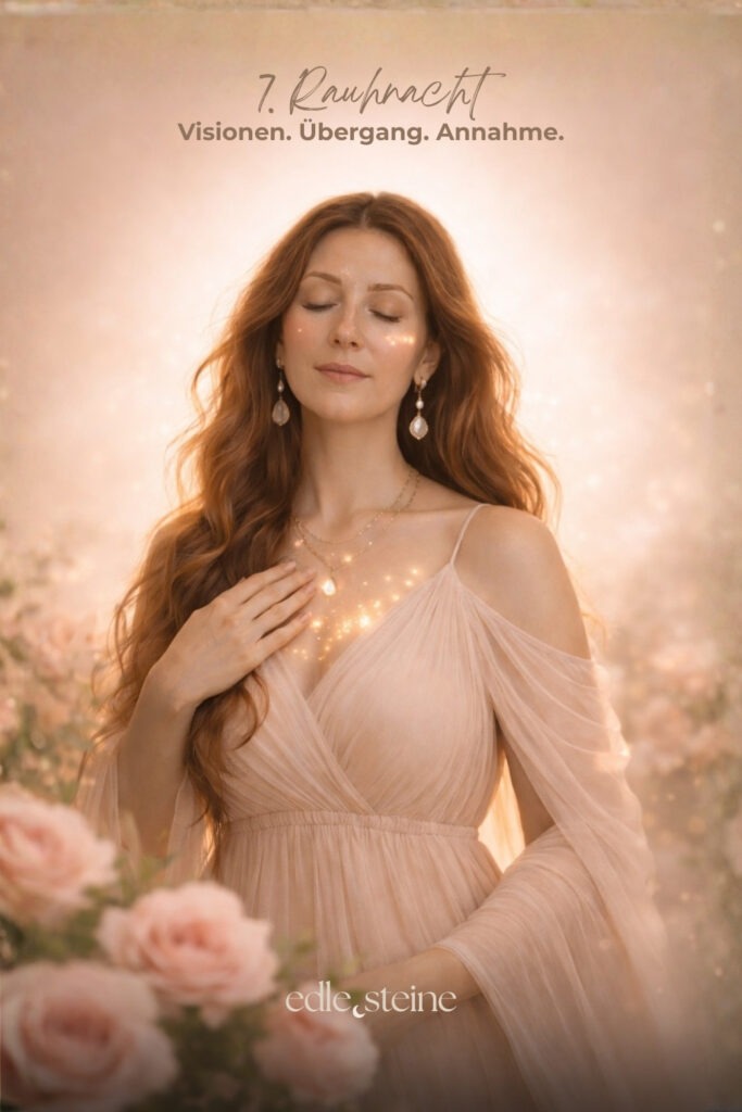 Die siebte Rauhnacht liegt wie ein weicher Übergang zwischen dem, was war, und dem, was langsam Gestalt annimmt. Sie fordert nichts ein und drängt zu keiner Entscheidung. Stattdessen lädt sie dich ein, wahrzunehmen, wohin es dich innerlich zieht – ganz ohne Plan, ganz ohne Ziel. In dieser Nacht geht es um Annahme. Um das Erkennen dessen, was bereits da ist. Visionen zeigen sich hier nicht als klare Bilder, sondern oft als leises Gefühl, als feine Ahnung oder als sanfte Bewegung im Inneren. Du musst sie nicht festhalten. Es reicht, ihnen Raum zu geben. Der Archetyp der Liebenden begleitet diese Rauhnacht. Sie steht für Hingabe an den Moment, für Verbindung ohne Selbstverlust und für die Fähigkeit, Nähe zuzulassen, ohne sich aufzugeben. Die Liebende weiß, dass wahre Verbundenheit immer im Inneren beginnt – dort, wo Selbstannahme und Offenheit zusammenkommen. Als Edelsteinimpulse wirken Mondstein und Regenbogen-Mondstein besonders fein. Mondstein führt dich sanft nach innen und erinnert dich daran, deinem eigenen Rhythmus zu vertrauen. Er öffnet den Zugang zu deinem Unterbewusstsein und unterstützt dich dabei, Emotionen wahrzunehmen, ohne sie einzuordnen oder kontrollieren zu müssen. Der Regenbogen-Mondstein erweitert diesen Raum um Visionen und geistige Wachheit. Er hilft dir, innere Bilder und Impulse zuzulassen, auch wenn sie noch keinen Namen haben. Seine Energie ist empfangend und weich – sie erinnert dich daran, dass Zukunft oft zuerst als Gefühl entsteht, nicht als konkreter Plan. Die siebte Rauhnacht ist ein stiller Zwischenraum. Ein Ort, an dem du dich dem zuwenden darfst, was sich lebendig, ehrlich und liebevoll anfühlt. Und gleichzeitig loslassen kannst, was dich davon trennt. Ohne Druck. Ohne Eile. In deinem Tempo.