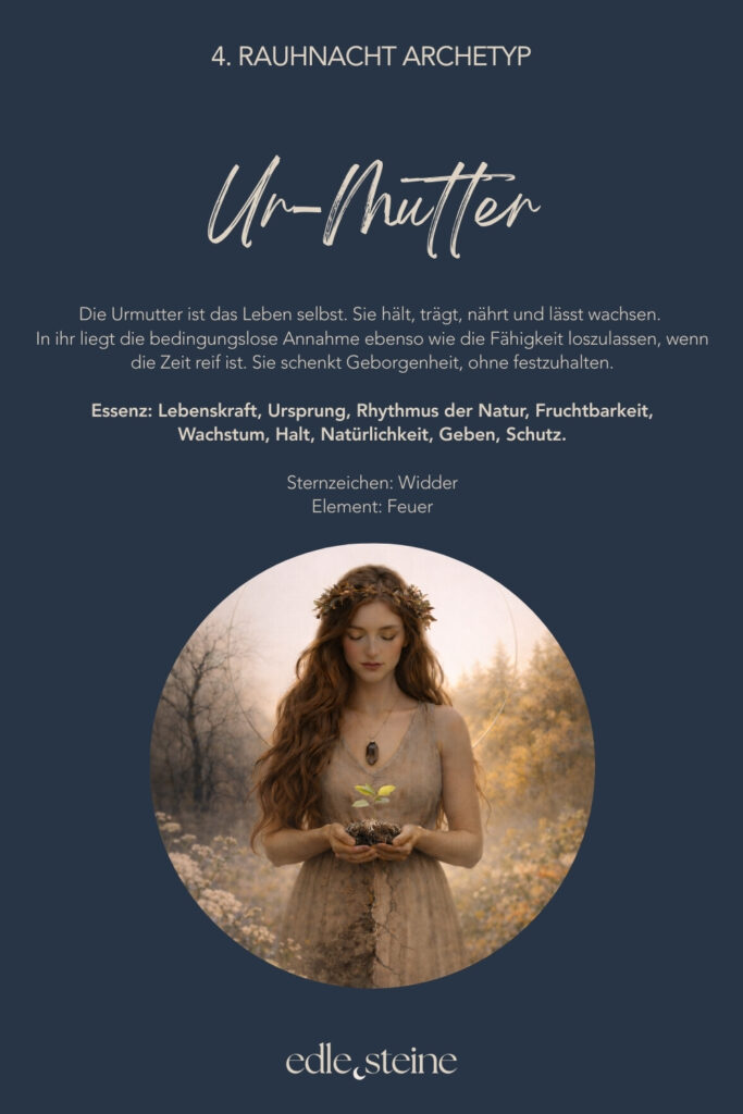 Die 4. Rauhnacht – Loslassen im Rhythmus des Lebens Die vierte Rauhnacht trägt eine stille, mütterliche Qualität. Sie lädt nicht zum Handeln ein, sondern zum Anerkennen. Zum Zurückblicken und zum sanften Abschiednehmen von dem, was war. In dieser Rauhnacht geht es um Auflösung. Dabei nicht als Verlust, sondern als natürlichen Teil des Zyklus. Alles, was gelebt wurde, darf gewürdigt werden. Gleichzeitig darf sich lösen, was seinen Platz bereits erfüllt hat. Loslassen geschieht hier nicht im Tun, sondern im inneren Anerkennen dessen, was war. So entsteht Raum für Dankbarkeit – auch für Erfahrungen, die nicht leicht waren, aber getragen haben. Der Archetyp dieser Nacht ist die Ur-Mutter. Sie ist das Leben selbst. Sie nährt, hält und schützt – und lässt gehen, wenn die Zeit reif ist. Gerade darin liegt ihre Stärke: in der bedingungslosen Annahme ebenso wie in der Fähigkeit, nicht festzuhalten. Begleitet wird die vierte Rauhnacht von Rauchquarz und Chrysokoll. Der Rauchquarz unterstützt dabei, Schwere aus Gedanken und Gefühlen abzuleiten. Dadurch hilft er, Belastendes nicht festzuhalten, sondern Schritt für Schritt gehen zu lassen. Seine Kraft liegt in der stillen Klärung – ruhig, geerdet und ohne Druck. Der Chrysokoll macht bewusst, wo du noch festhältst – und wo es Zeit ist, weicher zu werden. Gleichzeitig begleitet er Prozesse des inneren Lösens mit Sanftheit und Geduld. Seine Stärke liegt darin, Gegensätze auszuhalten: zwischen Bleiben und Gehen, zwischen Dankbarkeit und Abschied. So entsteht Raum für Erleichterung und innere Weite. Diese Rauhnacht lädt dich ein, dankbar zurückzublicken – ohne etwas zu beschönigen oder festzuhalten. Ein Moment, in dem du spürst: Ich darf gehen lassen, was mich nicht mehr trägt. Und zugleich bewahren, was mich genährt hat.