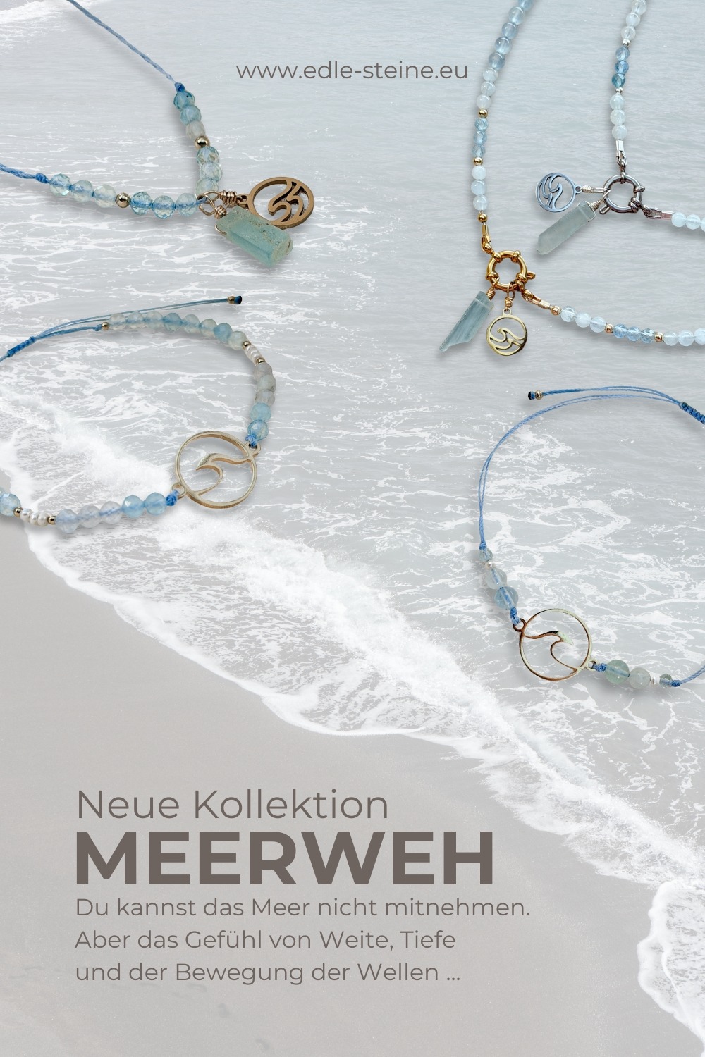 Meerweh – Wenn Weite etwas in uns ordnet Es gibt dieses Gefühl, das schwer zu erklären ist. Man steht am Meer, blickt hinaus, und plötzlich wird alles weiter. Die Gedanken werden langsamer. Nicht, weil sie verschwinden, sondern weil sie ihren Druck verlieren. Meerweh ist kein Fernweh im klassischen Sinn. Es ist kein Drang nach Bewegung, sondern eher ein inneres Öffnen. Ein Moment, in dem man nichts festhalten muss. Die Wellen kommen und gehen. Gedanken kommen und gehen. Und für einen Augenblick fühlt sich genau das richtig an. Das Meer fordert nichts. Es bewertet nicht. Es ist einfach da – weit, ruhig, kraftvoll. Vielleicht liegt genau darin seine Wirkung. Wenn man lange genug aufs Wasser blickt, sortiert sich etwas von selbst. Man erkennt neue Wege, nicht als klare Pläne, sondern als Gefühl. Als leises Wissen: Es darf leichter gehen. Das Meer erinnert uns Das Meer erinnert daran, dass Klarheit nicht laut ist. Sie entsteht oft dann, wenn wir aufhören, alles kontrollieren zu wollen. Wenn wir den Gedanken erlauben, sich wie die Wellen zu bewegen. Wenn wir uns selbst wieder zuhören. Vielleicht erkennen wir neue Wege nicht, weil wir sie suchen – sondern weil wir still genug werden, sie wahrzunehmen. Man sitzt da, hört das rhythmische Atmen der Wellen, und merkt, wie der Körper nachzieht. Schultern sinken. Der Atem wird tiefer. Gedanken verlieren ihre Schärfe. Sie bewegen sich wie das Wasser selbst – weich, aber bestimmt. Vielleicht ist genau das der Moment, in dem Klarheit entsteht. Nicht durch Nachdenken, sondern durch Loslassen. Wenn Meerweh bleibt Man kann das Meer nicht mitnehmen. Aber man kann etwas mitnehmen, das an dieses Gefühl erinnert. Ein Stück Ruhe. Ein Stück Weite. Ein kleines Innehalten für den Alltag. Die Schmuckstücke aus der Meerweh-Kollektion sind genau daraus entstanden. Als Erinnerung. An diesen Moment, in dem alles etwas leiser wird. In dem man klarer sieht, ohne zu suchen. Edelsteine wie Aquamarin erinnert an die Farbe des Wassers, an Tiefe, an Bewegung. Ruhig und lebendig zugleich. Meerweh ist gedacht als Begleiter für Tage, an denen man kurz innehalten möchte. Als stiller Anker, wenn der Kopf voll ist und die Gedanken wieder ins Fließen kommen dürfen. Vielleicht ist Meerweh kein Ort. Vielleicht ist es ein Zustand, den man immer wieder berühren kann.